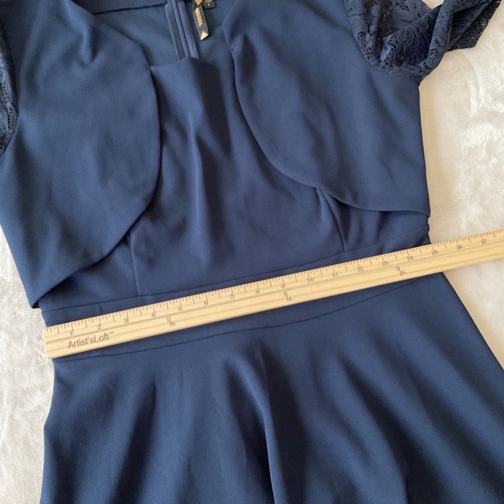 Miusol Womens Navy Blue Lace 3/4 Sleeve Fit and Flare Cocktail Dress Size L - Picture 10 of 11